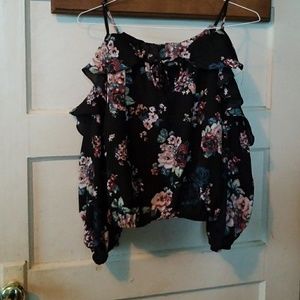 Black ruffle floral cold shoulder top
